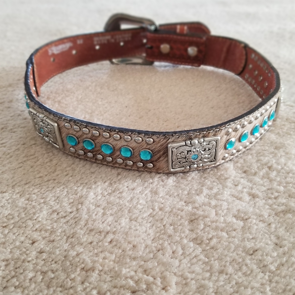 Nocona Kid's Rhinestone and Concho Leather Cow Hair Belt Size 22